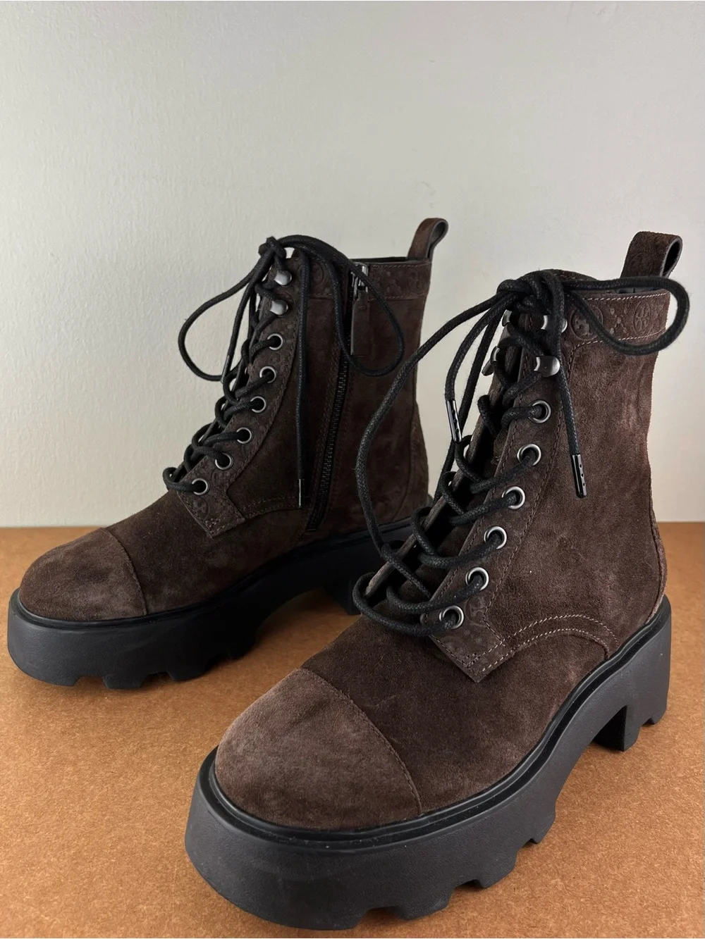 TORY BURCH BROWN SUEDE COMBAT BOOTS